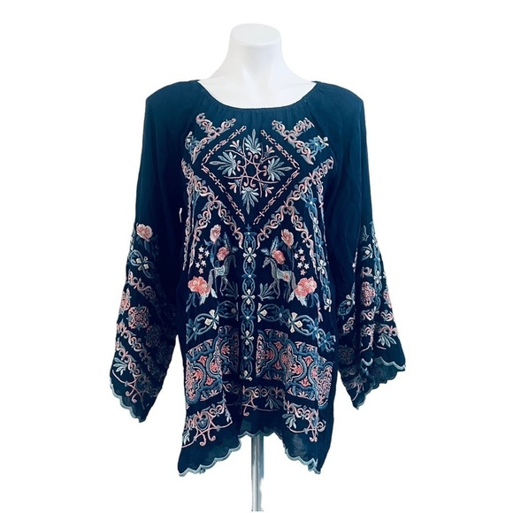 JOHNNY WAS Lina Tunic Embroidered Flowy Rayon Floral Ethereal Print Navy Size M - Picture 5 of 13